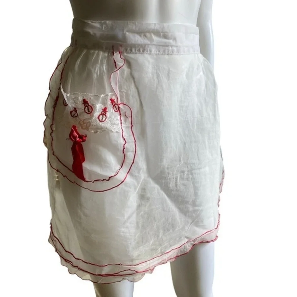 Vintage Red &‎ White Sheer 1950s Hostess Apron Embroidered Christmas Holiday
